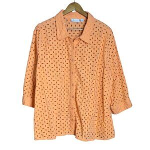 D & Co. Womens Orange Eyelet Cotton Button-Up Shirt 3/4 Sleeves Size 3X